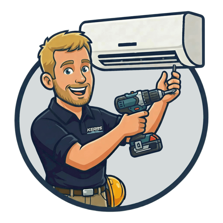 Cartoon of a smiling technician using a power drill to install or repair a wall-mounted air conditioner.