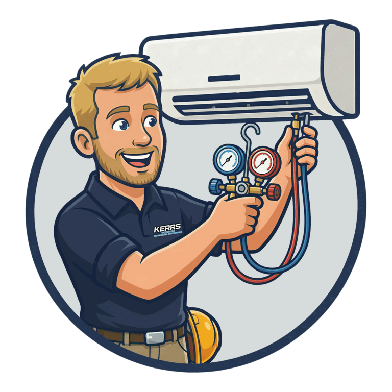 Cartoon technician in a "Kerrs" shirt using gauges to service a wall-mounted air conditioning unit.