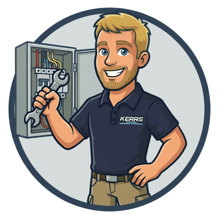 Cartoon man with a beard holding a wrench stands in front of an electrical panel, wearing a navy blue shirt with "Kerrs" logo.