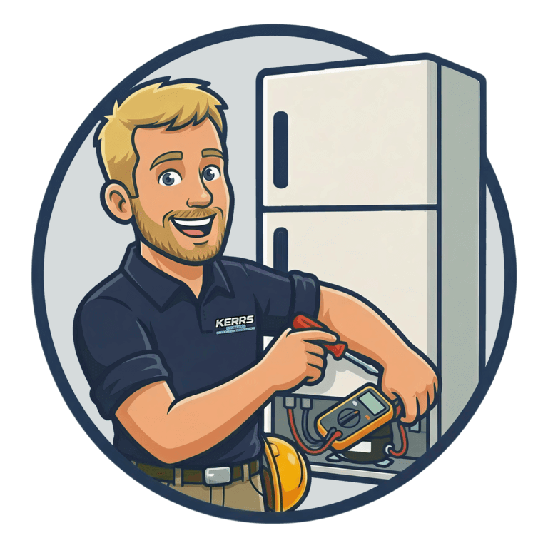 Cartoon technician with a beard uses a multimeter to check a refrigerator; wears a "Kerrs" shirt and a tool belt with a yellow hard hat.